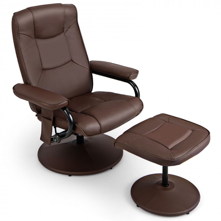 Brown massage recliner chair with ottoman, showcasing soft sponge padding and adjustable backrest for enhanced.